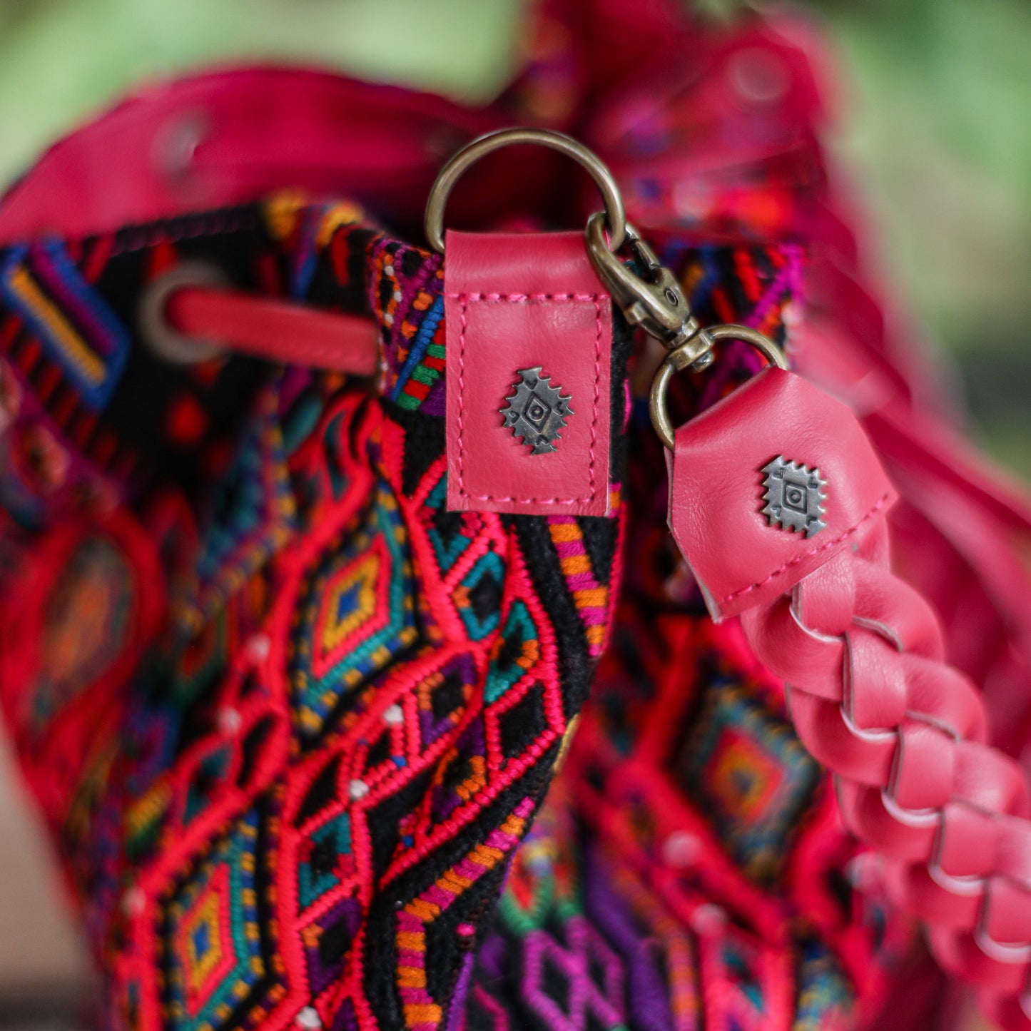 DRAWSTRING BUCKET BAG - OOAK HUIPIL - RASPBERRY - NO. 19325