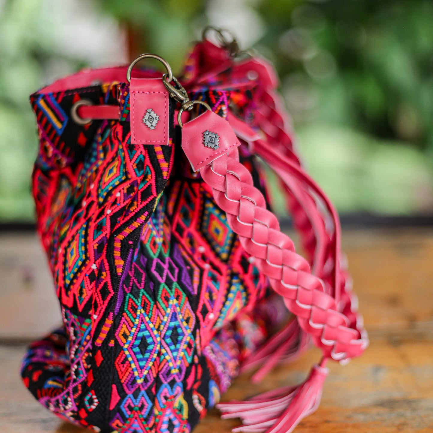 DRAWSTRING BUCKET BAG - OOAK HUIPIL - RASPBERRY - NO. 19325
