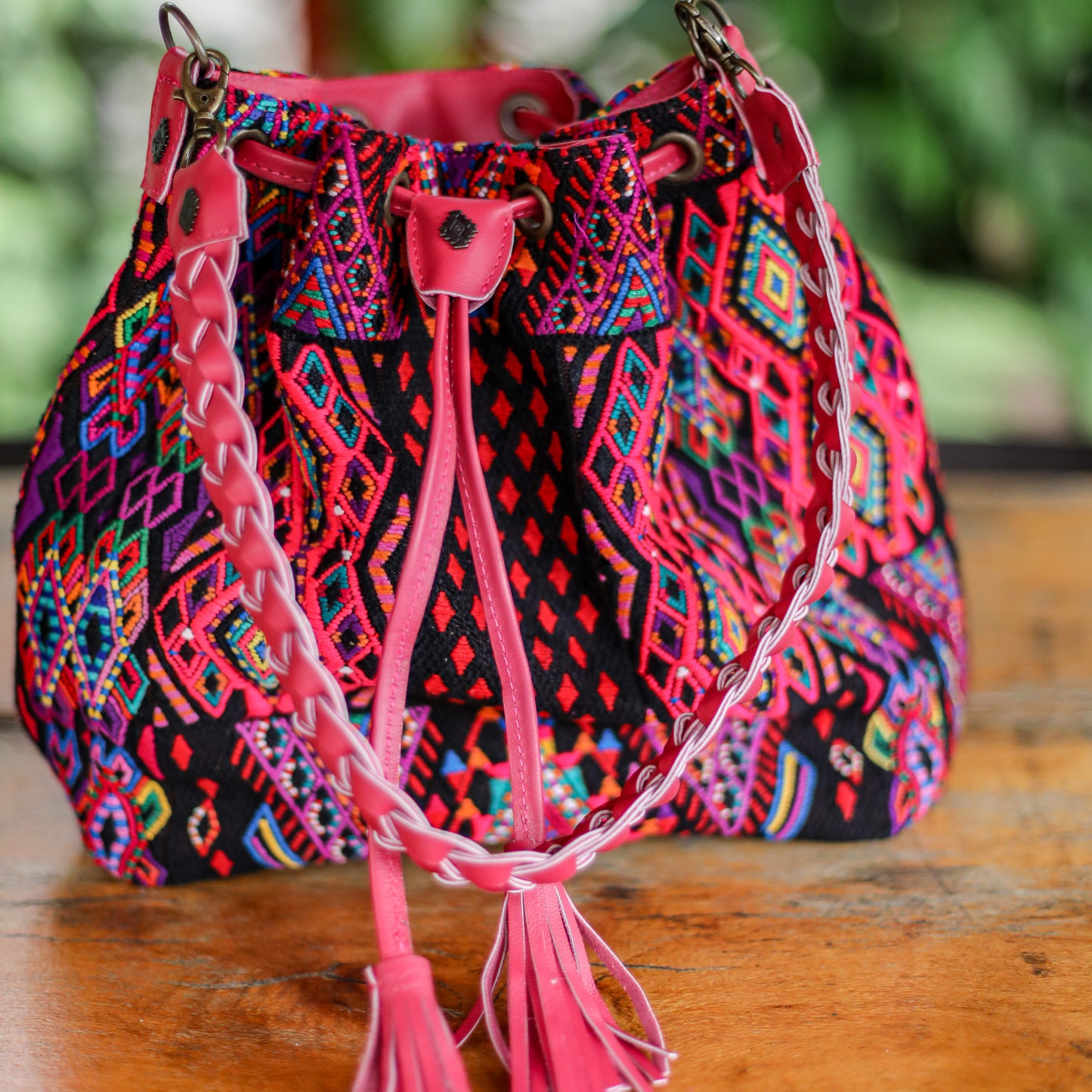 DRAWSTRING BUCKET BAG - OOAK HUIPIL - RASPBERRY - NO. 19325