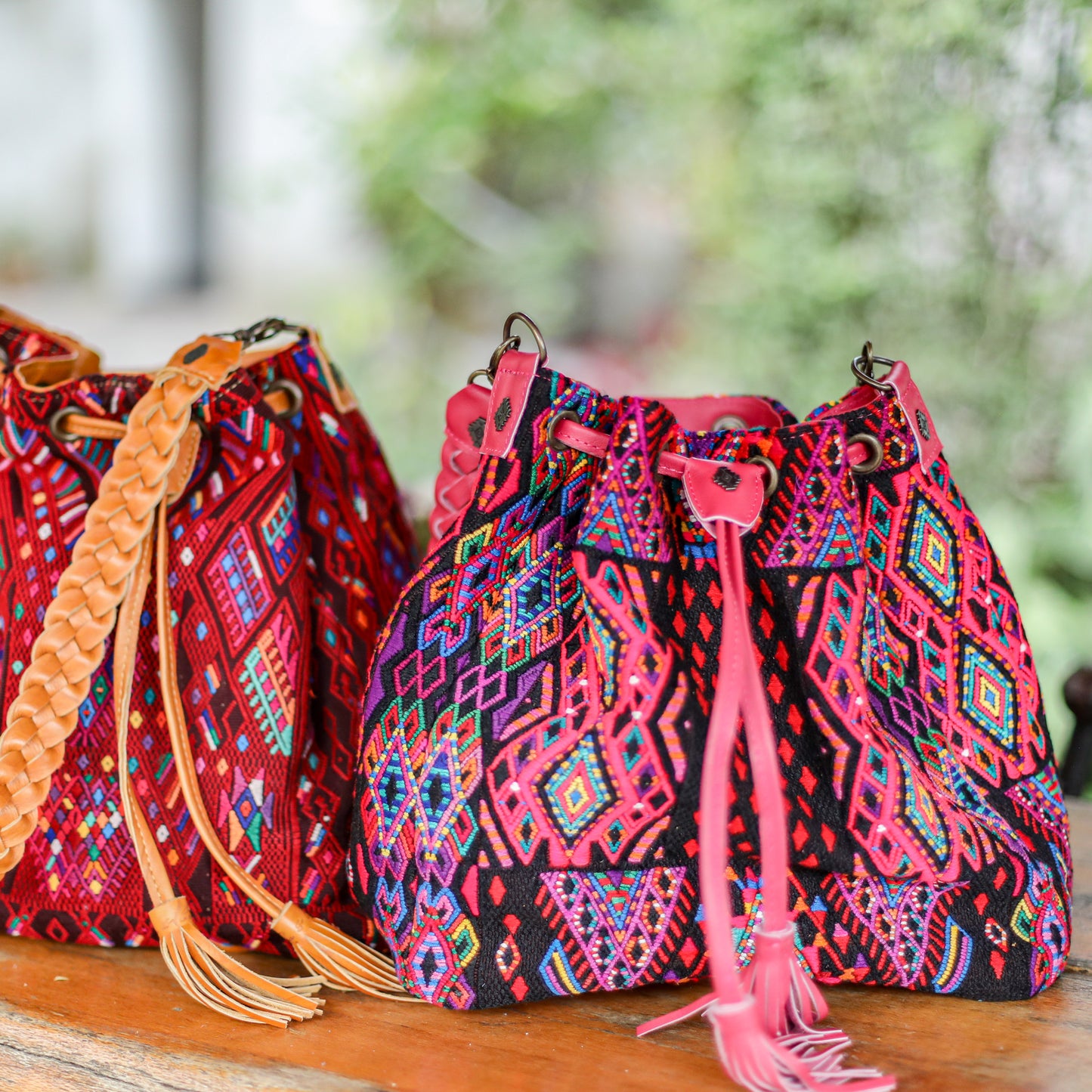 DRAWSTRING BUCKET BAG - OOAK HUIPIL - RASPBERRY - NO. 19325