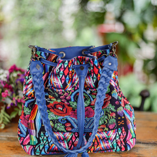 DRAWSTRING BUCKET BAG - OOAK HUIPIL - COBALT - NO. 19327