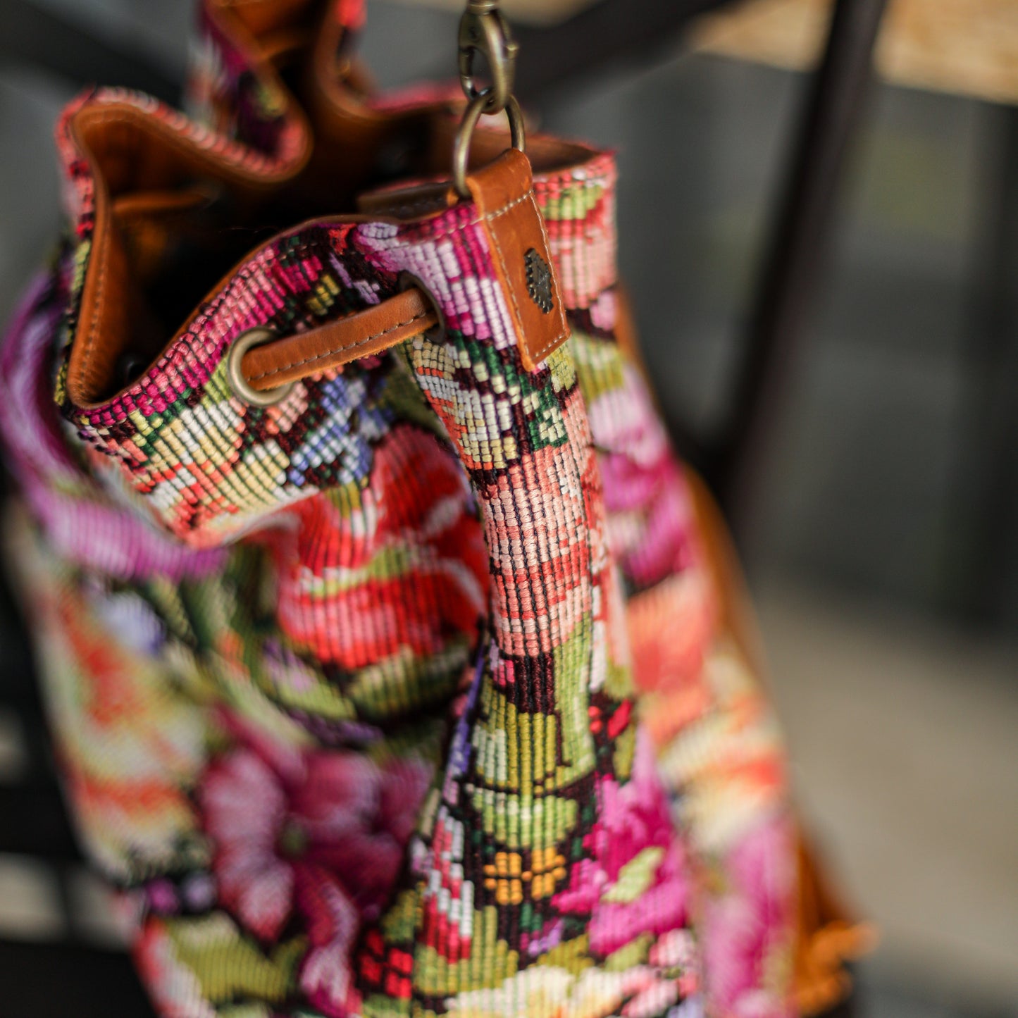 DRAWSTRING BUCKET BAG - OOAK HUIPIL - CAFE - NO. 19304