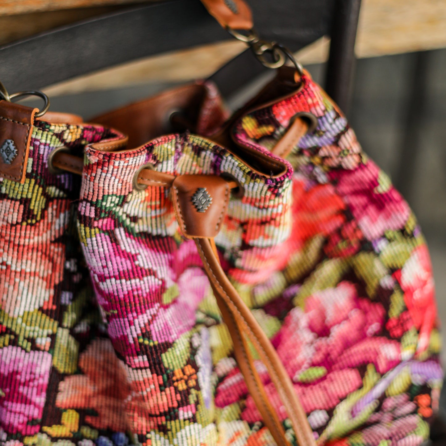 DRAWSTRING BUCKET BAG - OOAK HUIPIL - CAFE - NO. 19304