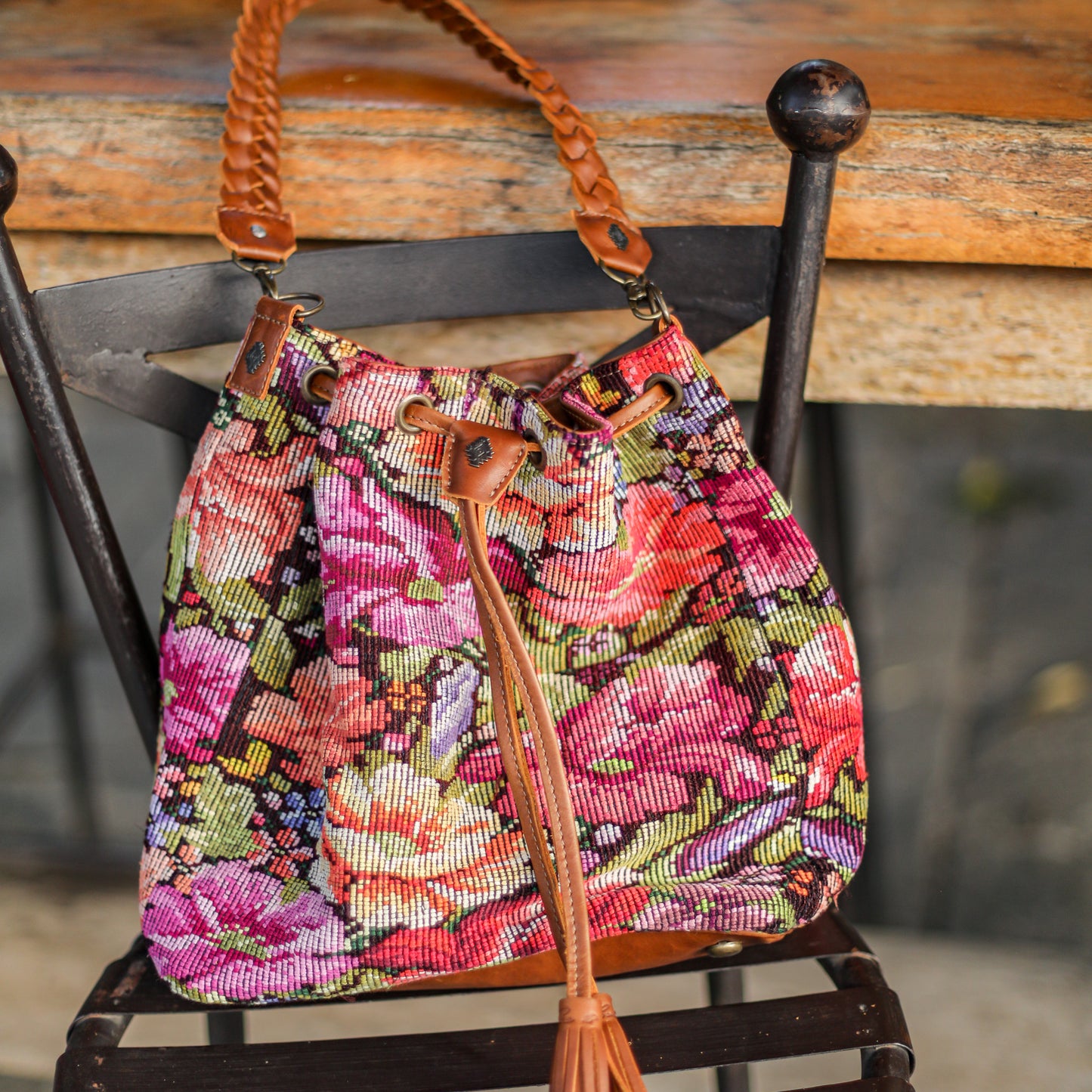 DRAWSTRING BUCKET BAG - OOAK HUIPIL - CAFE - NO. 19304