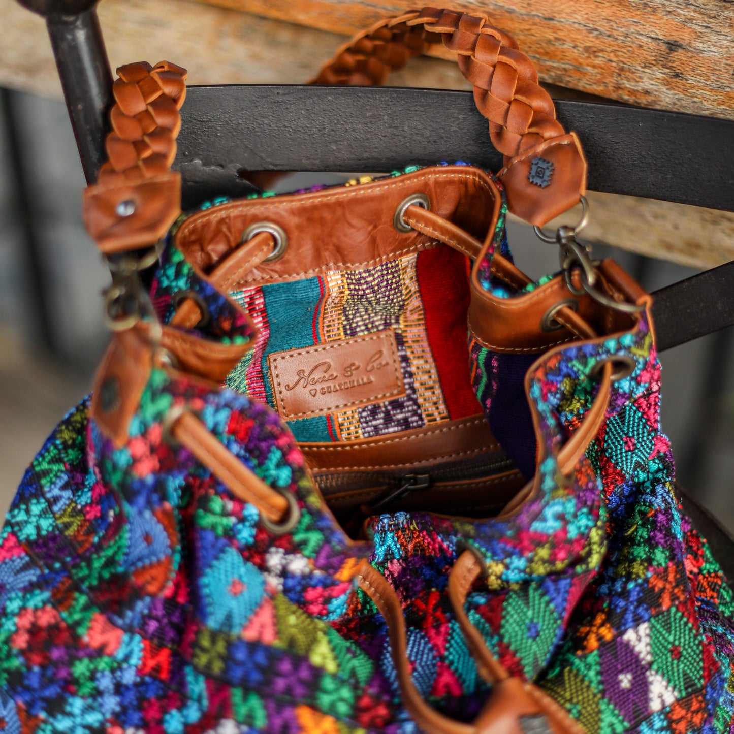 DRAWSTRING BUCKET BAG - OOAK HUIPIL - CAFE - NO. 19306