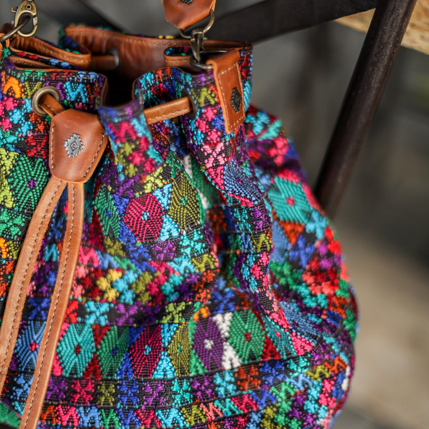 DRAWSTRING BUCKET BAG - OOAK HUIPIL - CAFE - NO. 19306