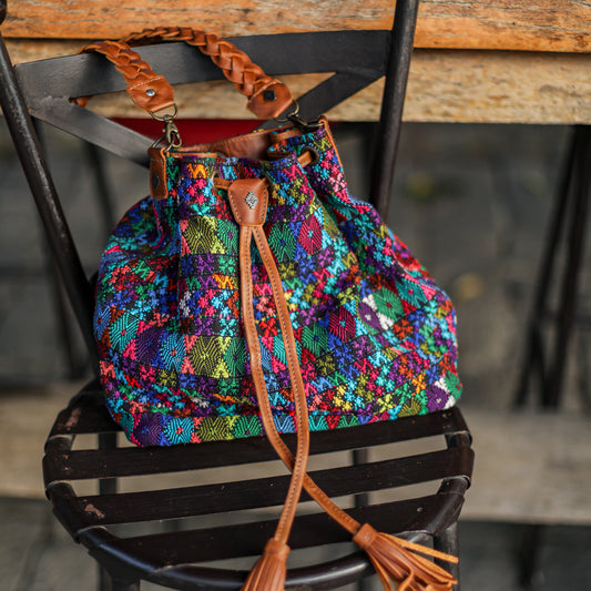 DRAWSTRING BUCKET BAG - OOAK HUIPIL - CAFE - NO. 19306