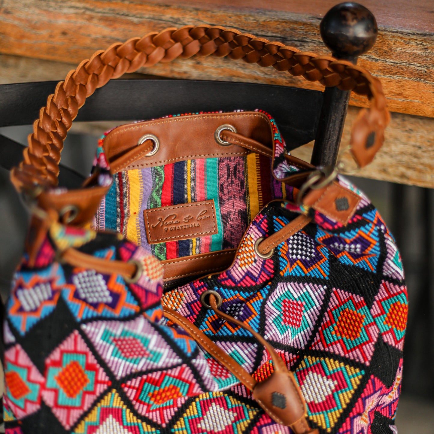 DRAWSTRING BUCKET BAG - OOAK HUIPIL - CAFE - NO. 19305