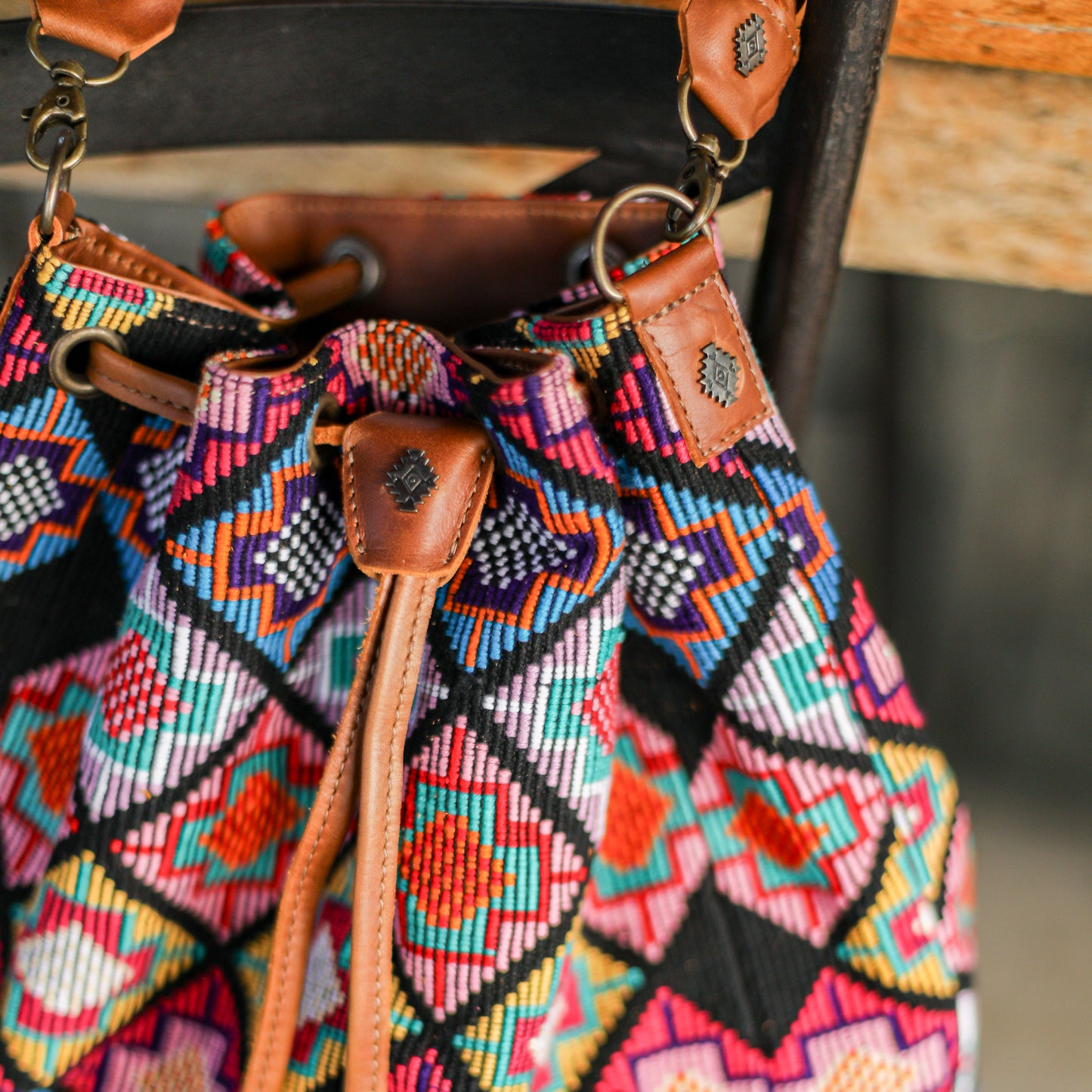 DRAWSTRING BUCKET BAG - OOAK HUIPIL - CAFE - NO. 19305