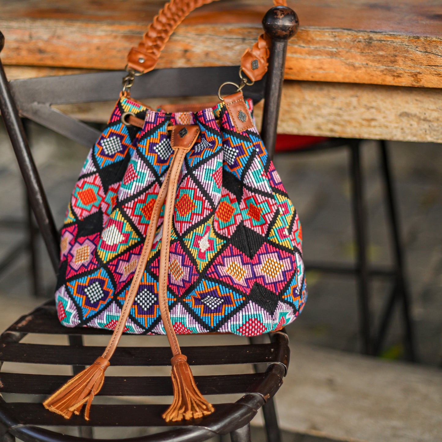 DRAWSTRING BUCKET BAG - OOAK HUIPIL - CAFE - NO. 19305