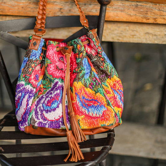 DRAWSTRING BUCKET BAG - OOAK HUIPIL - CAFE - NO. 19311