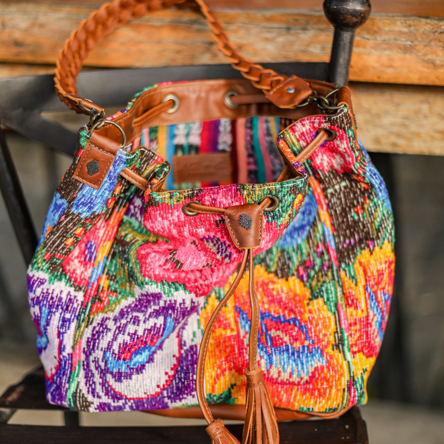 DRAWSTRING BUCKET BAG - OOAK HUIPIL - CAFE - NO. 19311