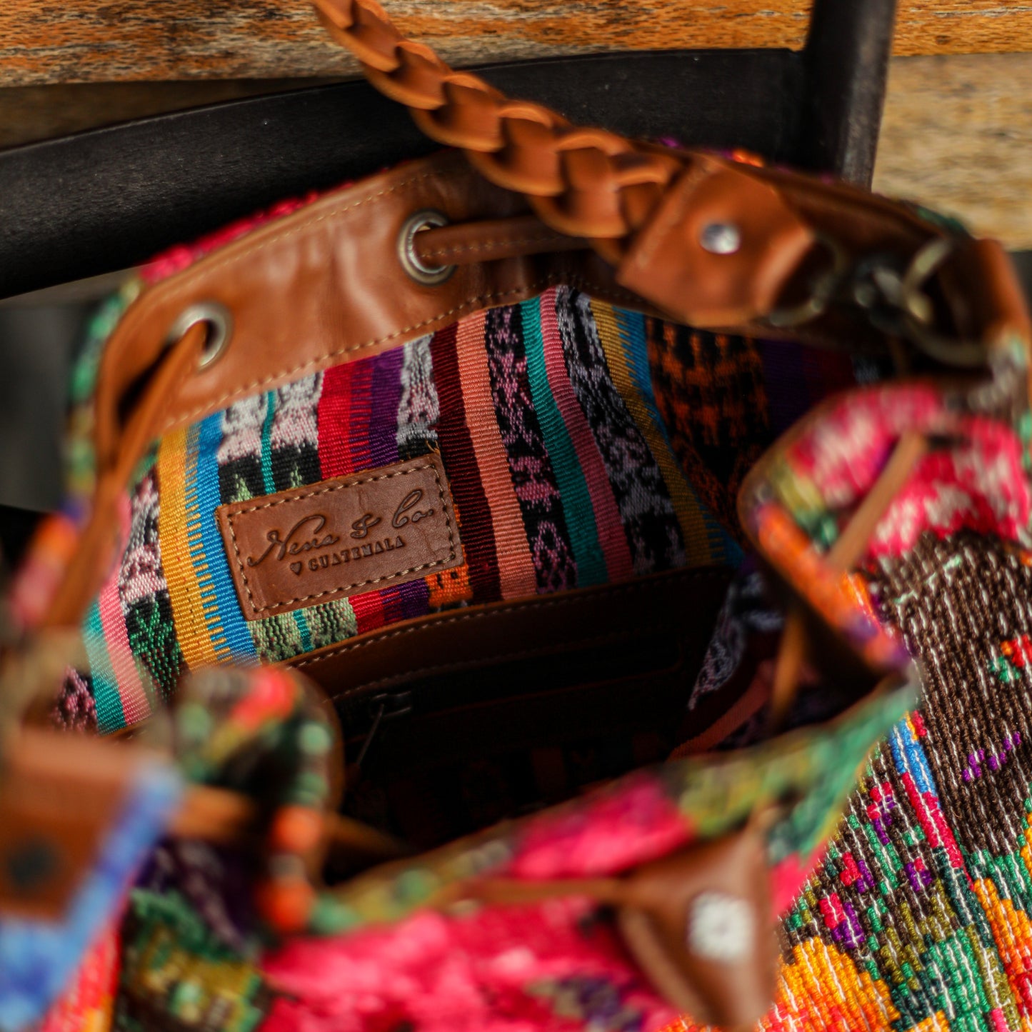 DRAWSTRING BUCKET BAG - OOAK HUIPIL - CAFE - NO. 19311