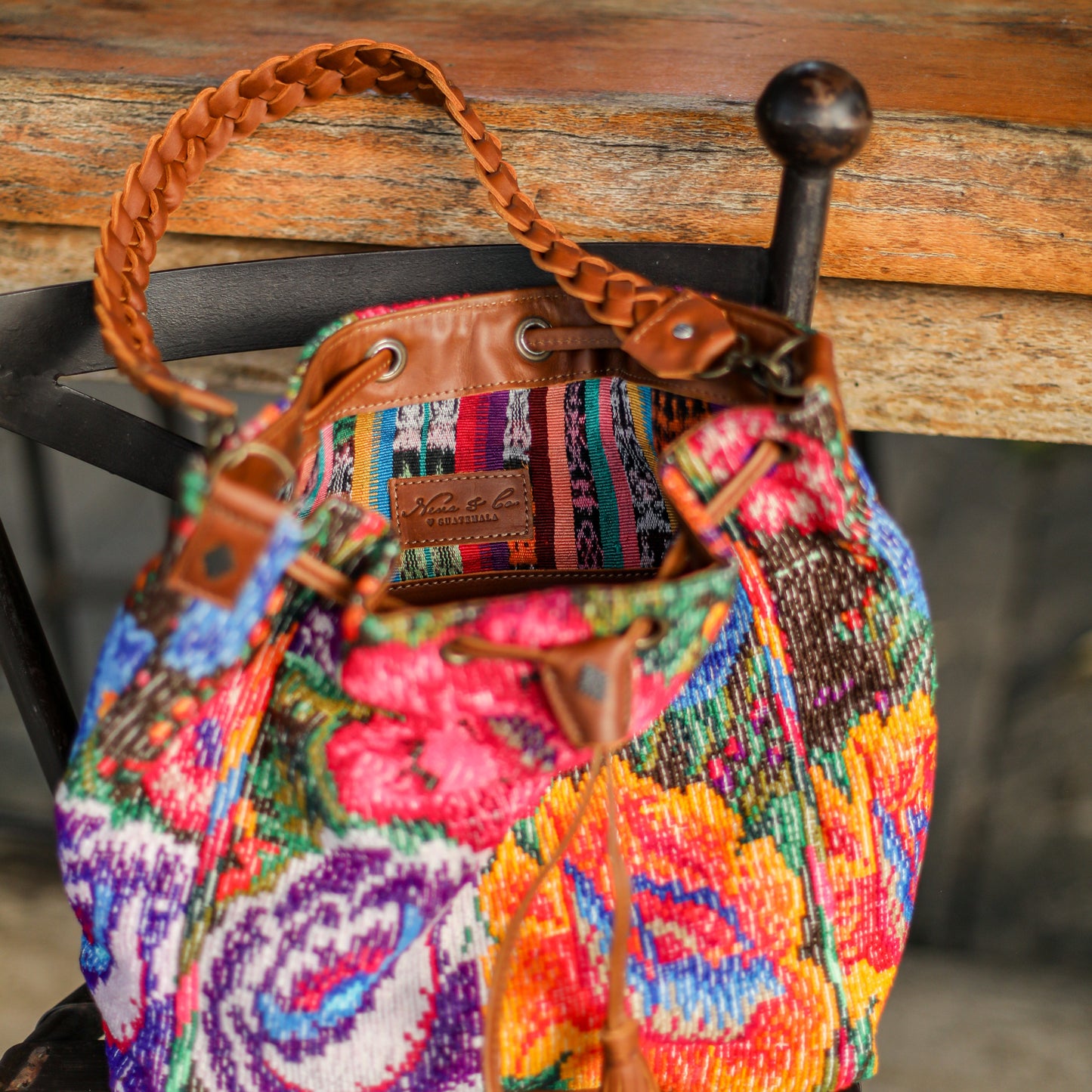 DRAWSTRING BUCKET BAG - OOAK HUIPIL - CAFE - NO. 19311