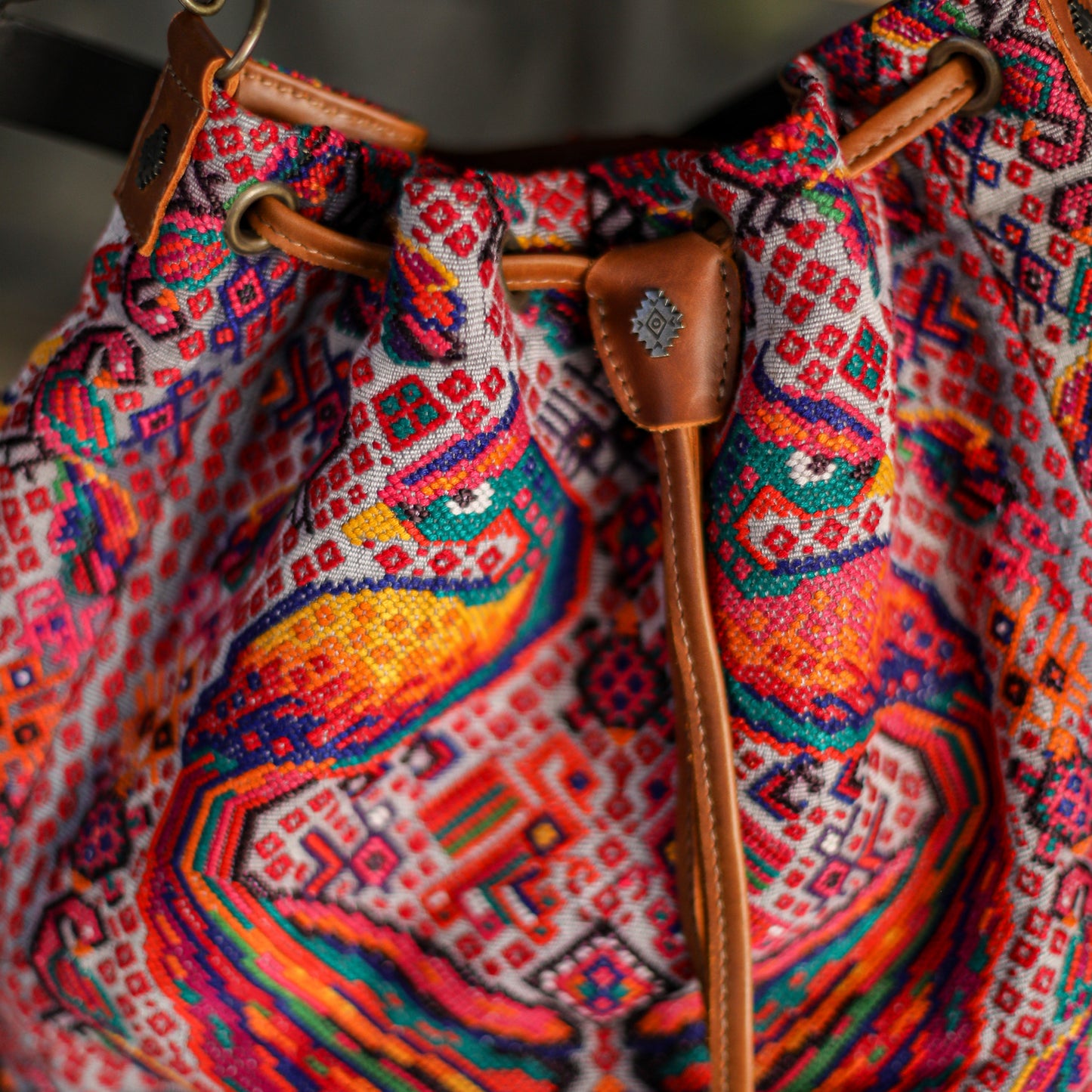 DRAWSTRING BUCKET BAG - OOAK HUIPIL - CAFE - NO. 19310