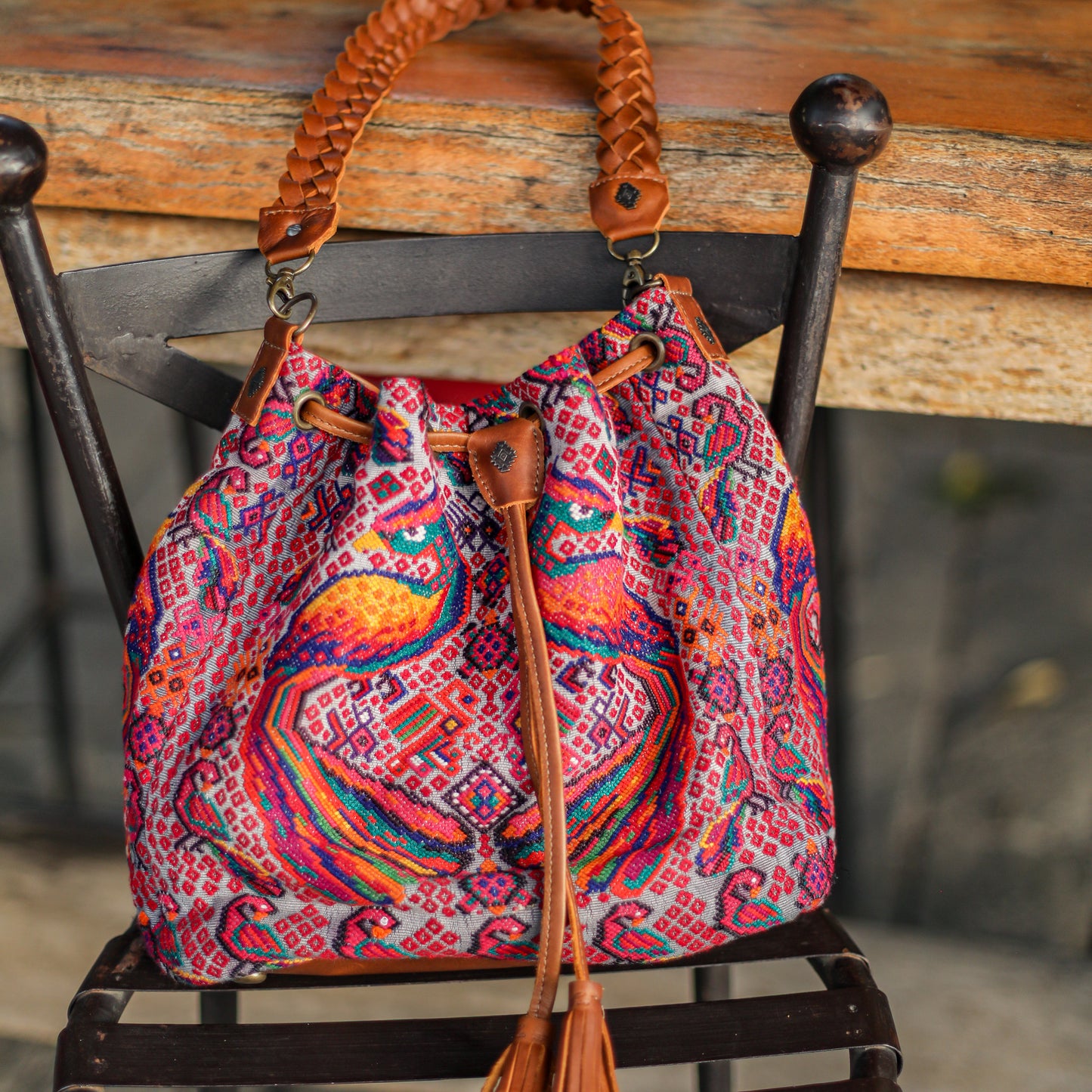 DRAWSTRING BUCKET BAG - OOAK HUIPIL - CAFE - NO. 19310