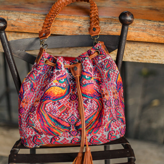 DRAWSTRING BUCKET BAG - OOAK HUIPIL - CAFE - NO. 19310