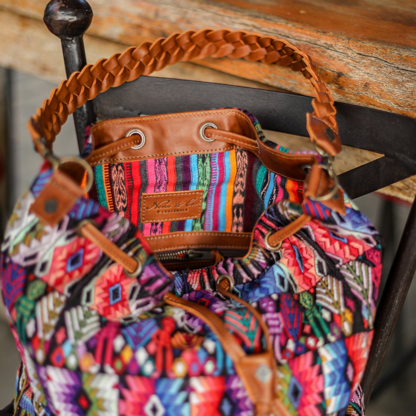 DRAWSTRING BUCKET BAG - OOAK HUIPIL - CAFE - NO. 19309