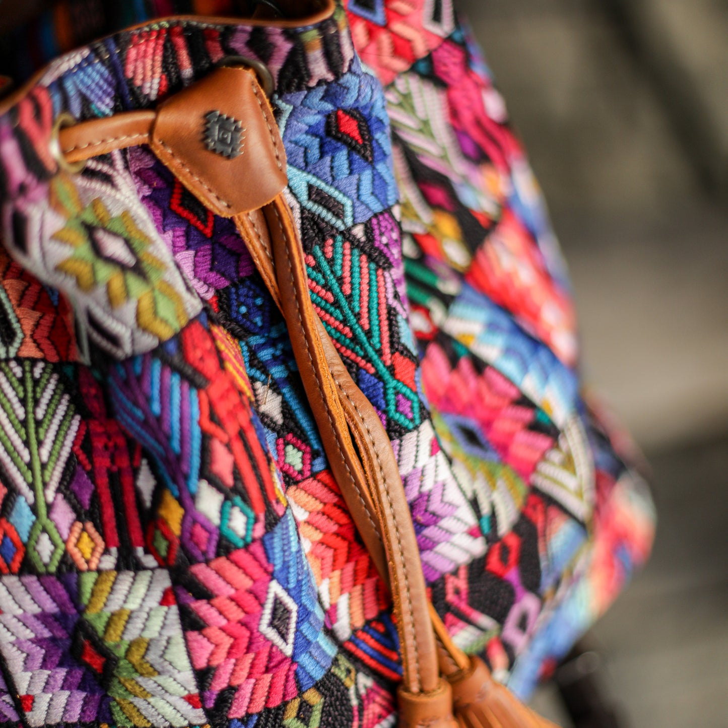 DRAWSTRING BUCKET BAG - OOAK HUIPIL - CAFE - NO. 19309
