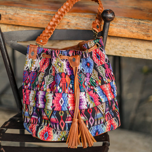 DRAWSTRING BUCKET BAG - OOAK HUIPIL - CAFE - NO. 19309