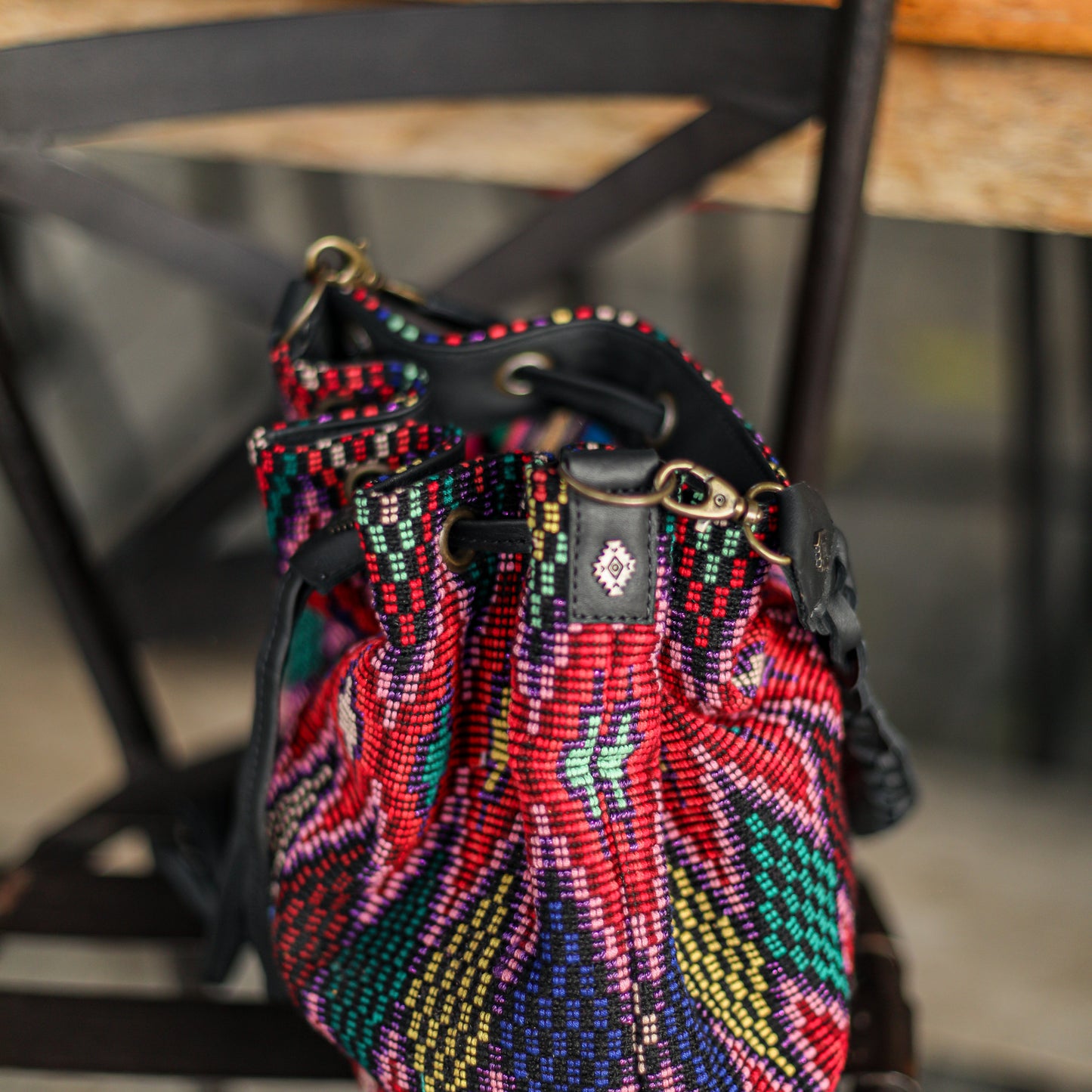 DRAWSTRING BUCKET BAG - OOAK HUIPIL - BLACK - NO. 19313