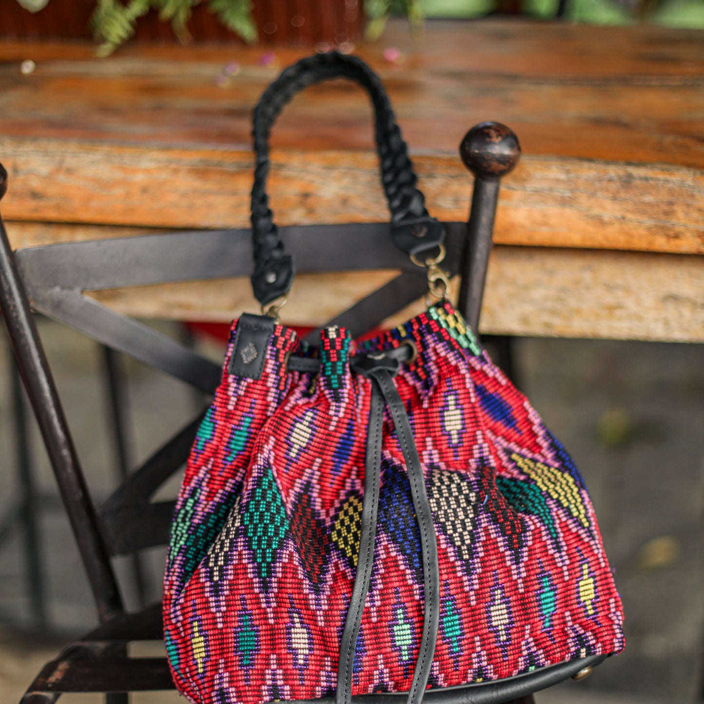 DRAWSTRING BUCKET BAG - OOAK HUIPIL - BLACK - NO. 19313