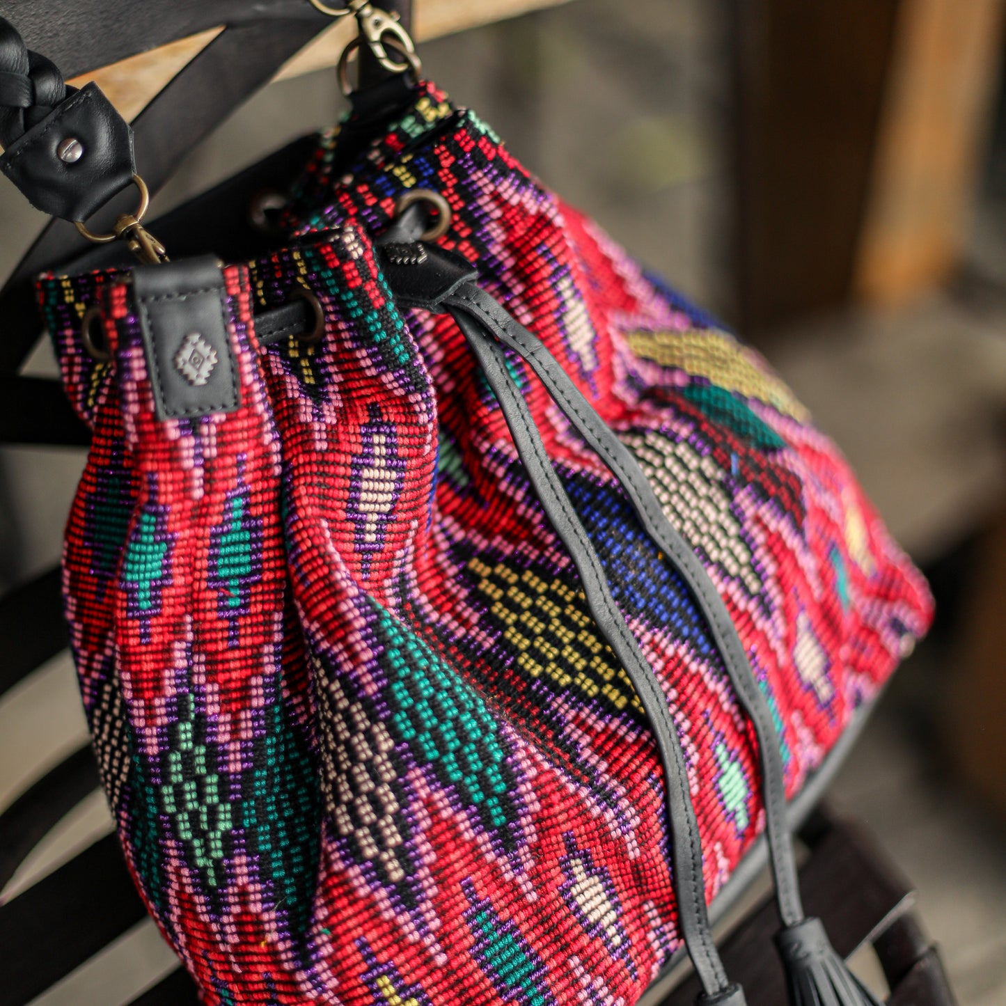 DRAWSTRING BUCKET BAG - OOAK HUIPIL - BLACK - NO. 19313