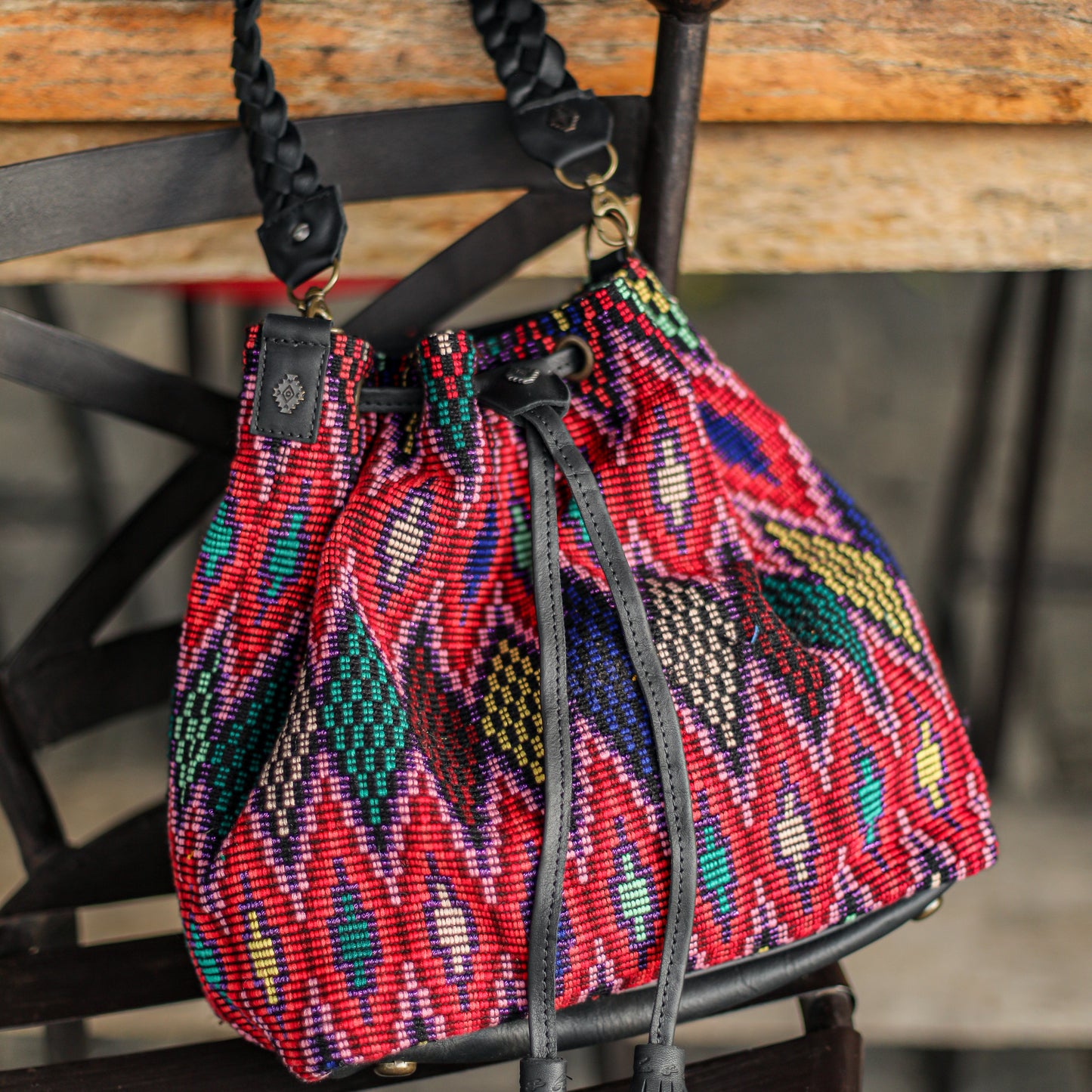 DRAWSTRING BUCKET BAG - OOAK HUIPIL - BLACK - NO. 19313