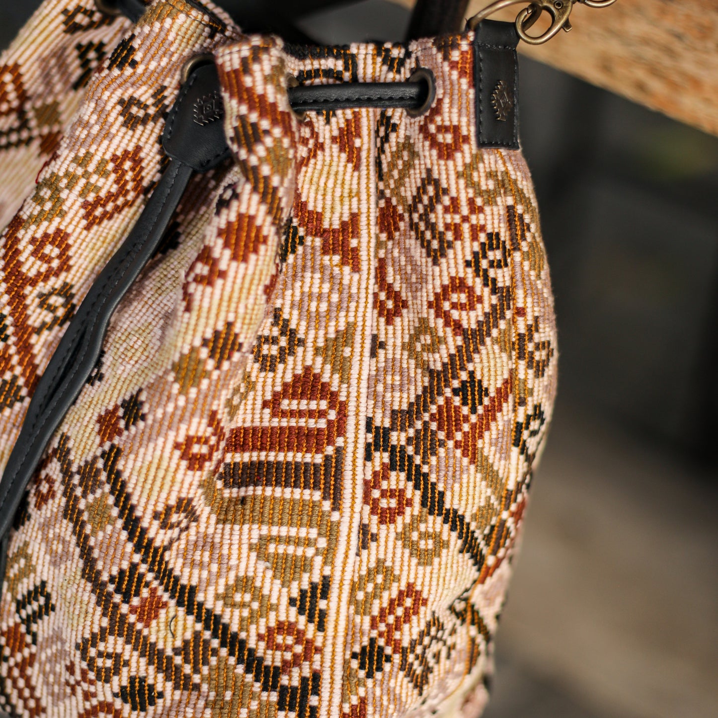 DRAWSTRING BUCKET BAG - OOAK HUIPIL - BLACK - NO. 19312