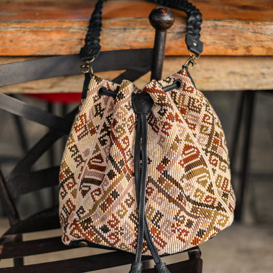 DRAWSTRING BUCKET BAG - OOAK HUIPIL - BLACK - NO. 19312