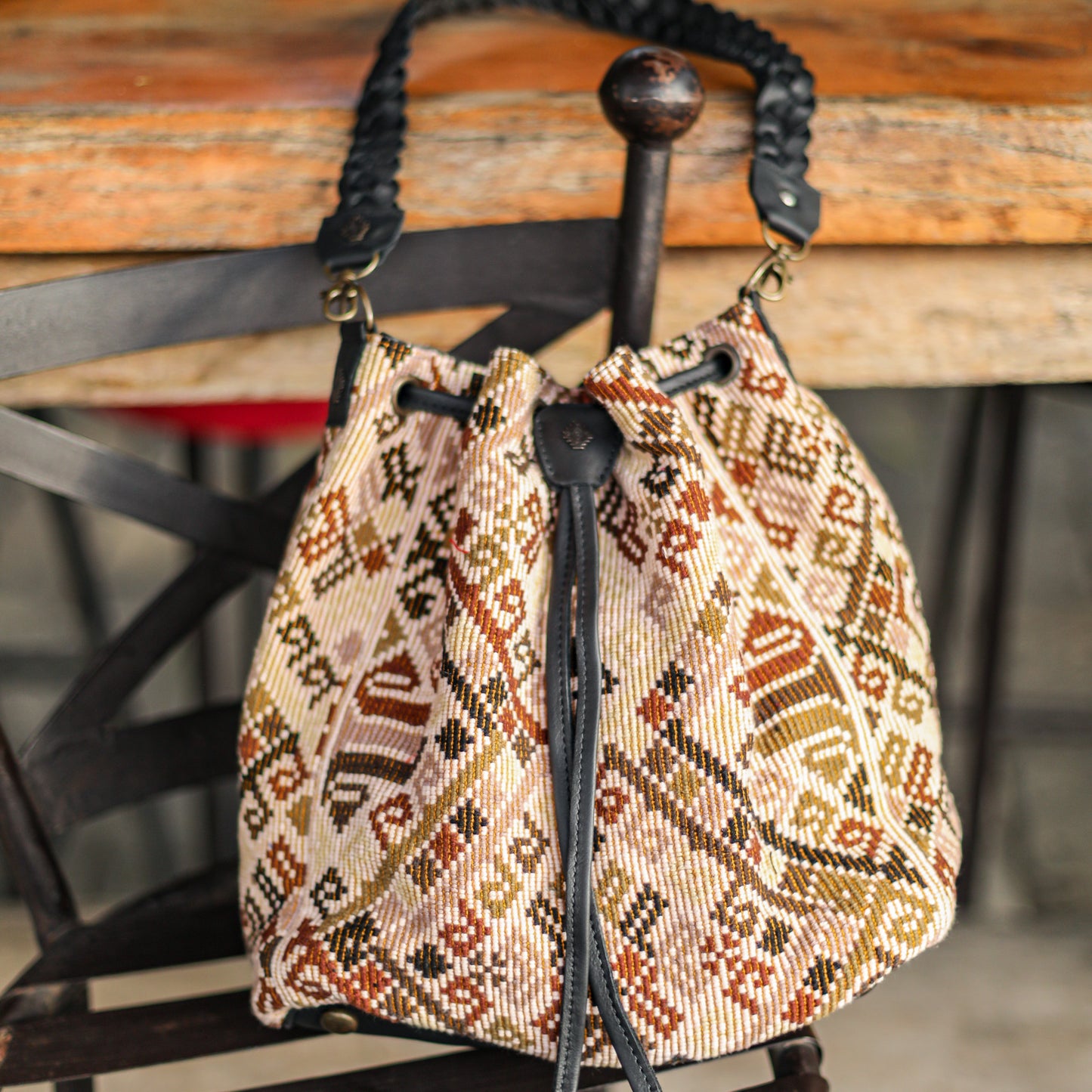 DRAWSTRING BUCKET BAG - OOAK HUIPIL - BLACK - NO. 19312