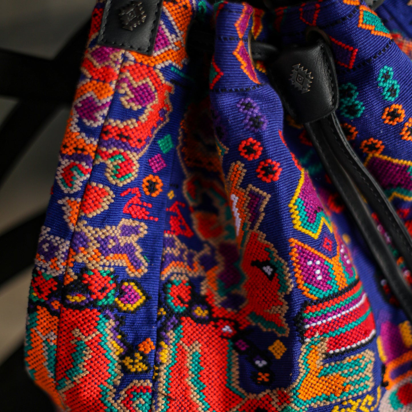 DRAWSTRING BUCKET BAG - OOAK HUIPIL - BLACK - NO. 19314