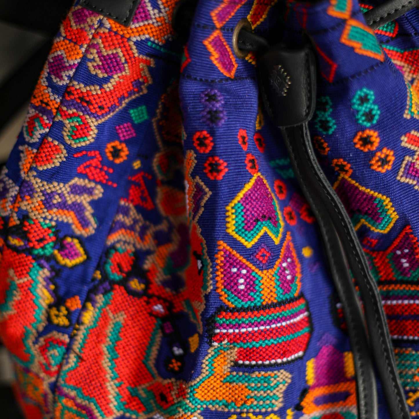 DRAWSTRING BUCKET BAG - OOAK HUIPIL - BLACK - NO. 19314