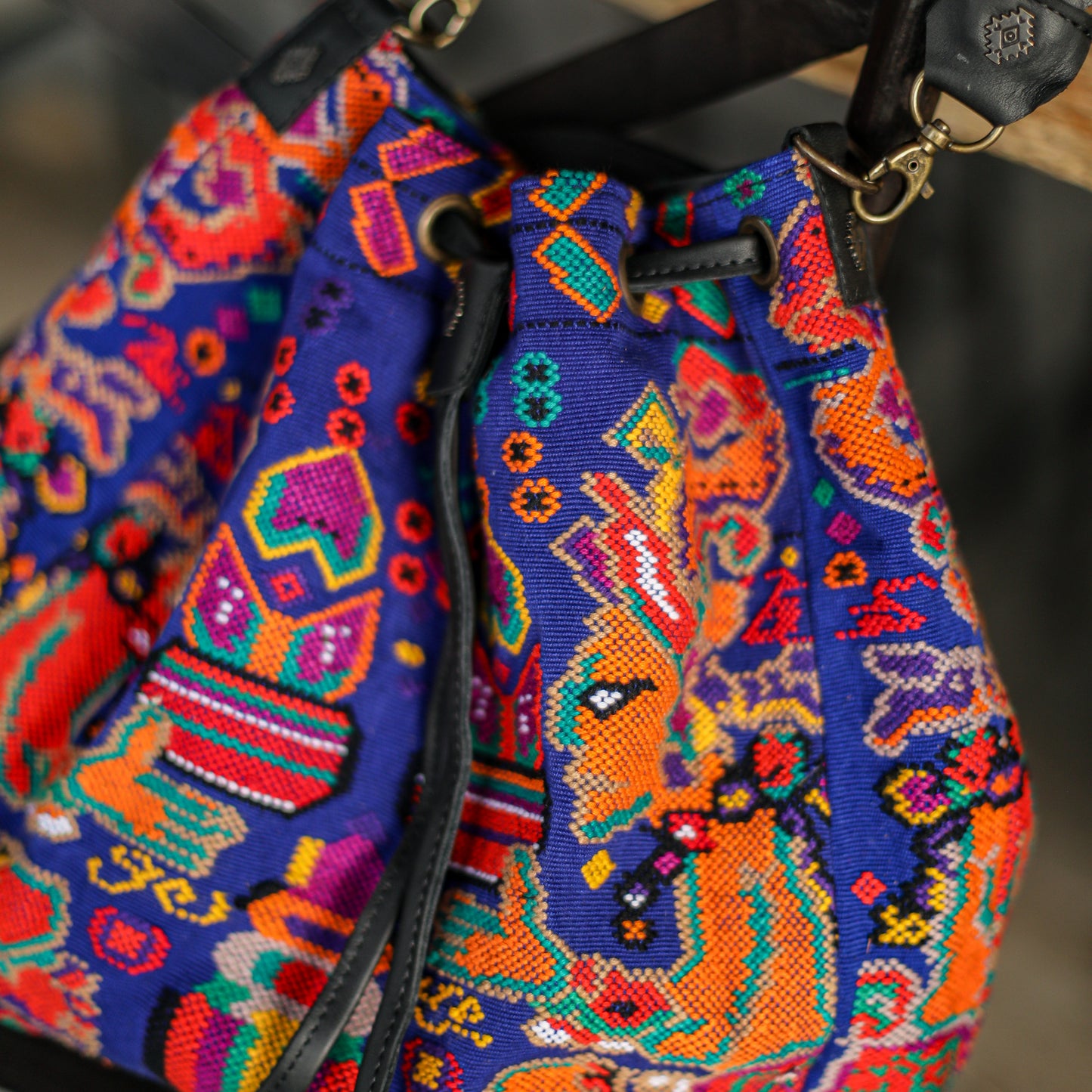 DRAWSTRING BUCKET BAG - OOAK HUIPIL - BLACK - NO. 19314