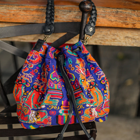 DRAWSTRING BUCKET BAG - OOAK HUIPIL - BLACK - NO. 19314