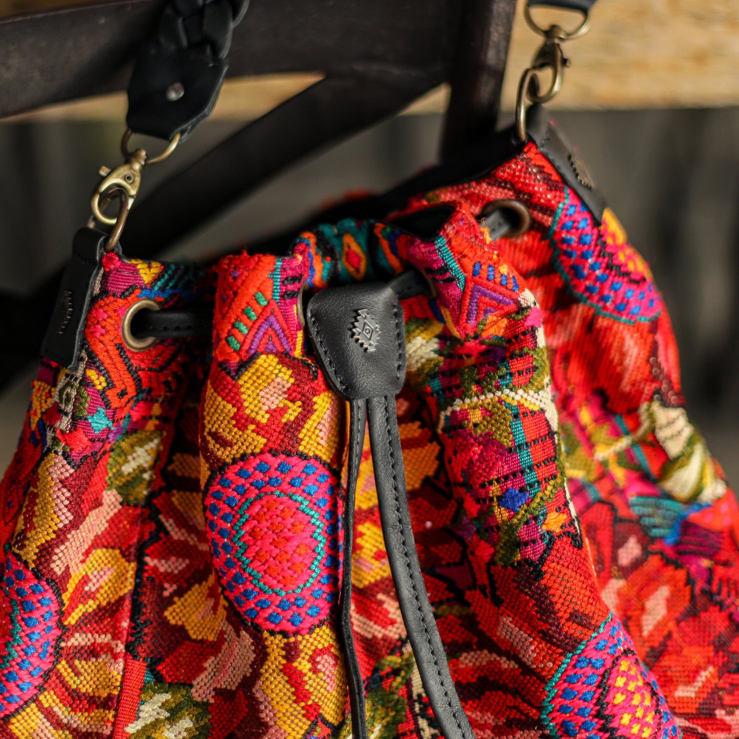 DRAWSTRING BUCKET BAG - OOAK HUIPIL - BLACK - NO. 19318