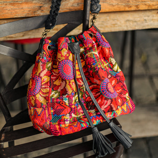 DRAWSTRING BUCKET BAG - OOAK HUIPIL - BLACK - NO. 19318