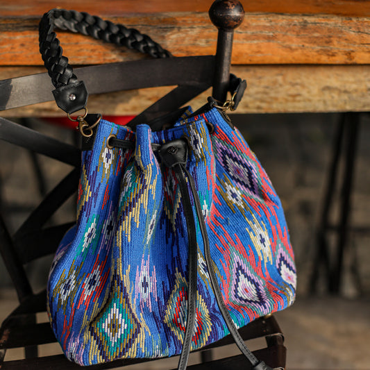 DRAWSTRING BUCKET BAG - OOAK HUIPIL - BLACK - NO. 19319