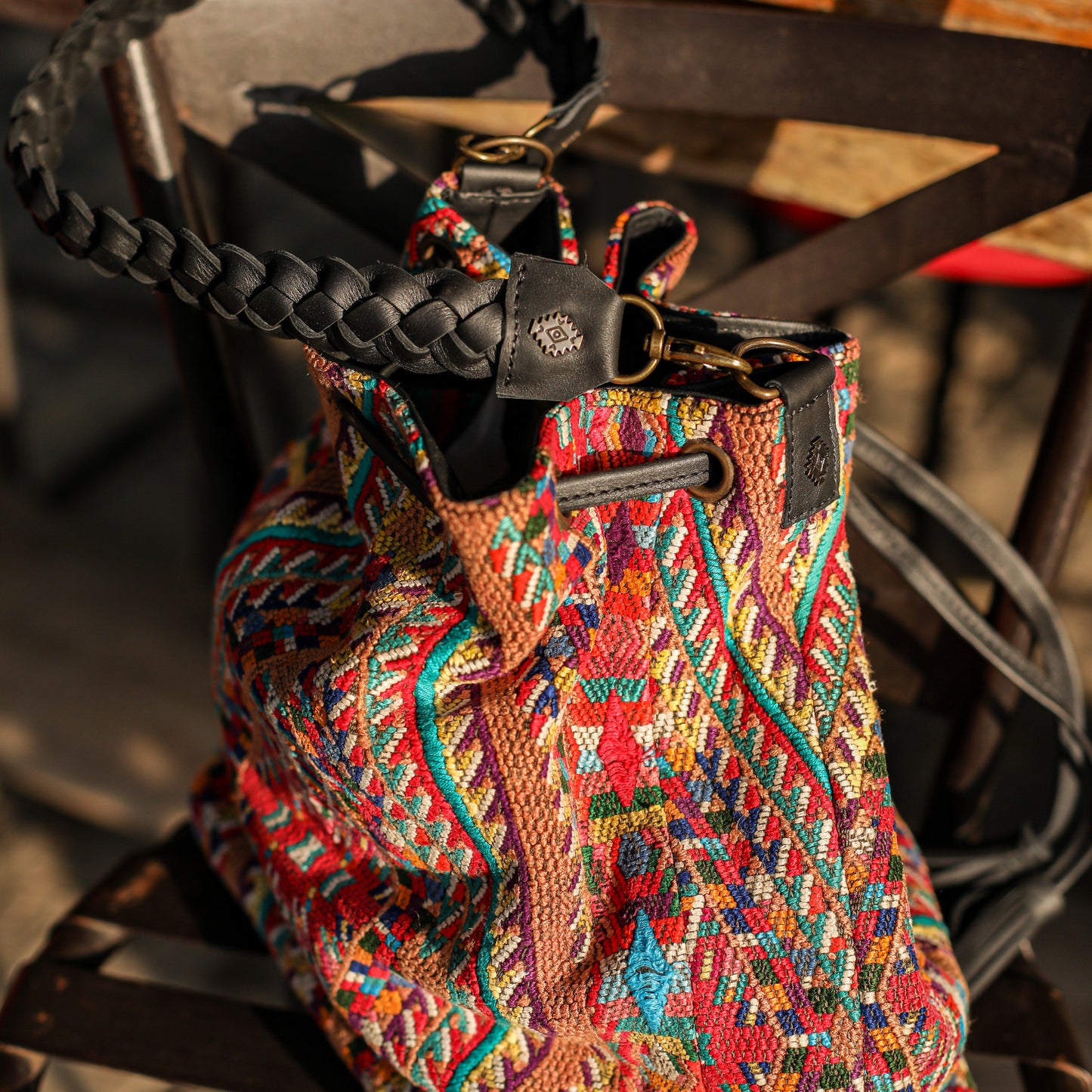 DRAWSTRING BUCKET BAG - OOAK HUIPIL - BLACK - NO. 19317
