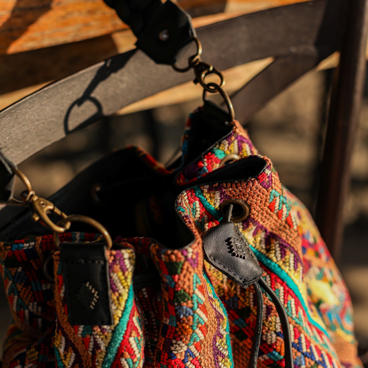 DRAWSTRING BUCKET BAG - OOAK HUIPIL - BLACK - NO. 19317