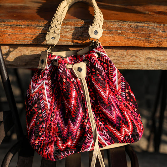 DRAWSTRING BUCKET BAG - OOAK HUIPIL - BUTTER - NO. 19080