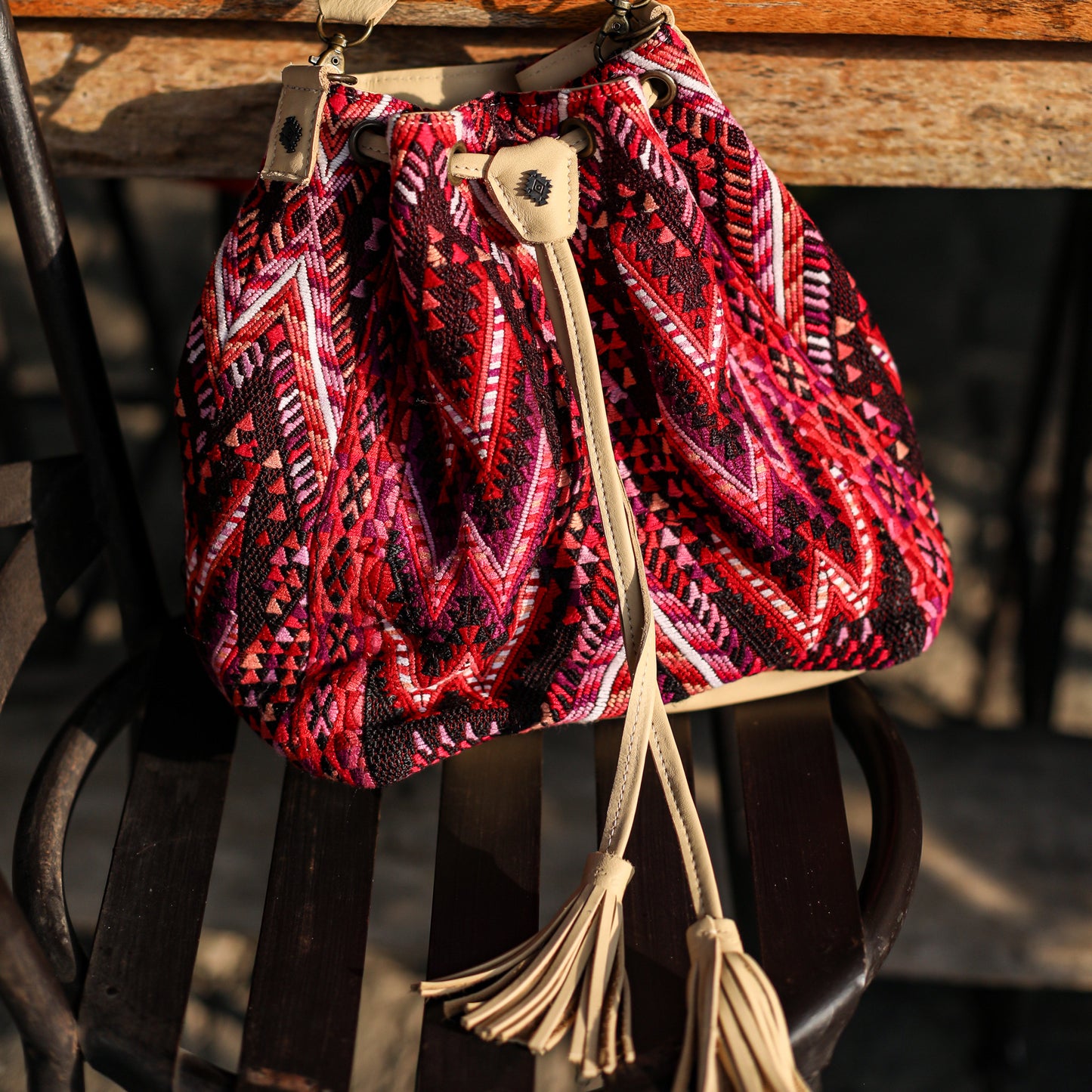 DRAWSTRING BUCKET BAG - OOAK HUIPIL - BUTTER - NO. 19080