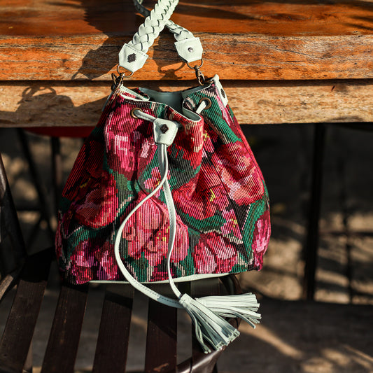 DRAWSTRING BUCKET BAG - OOAK HUIPIL - LUCITE - NO. 19075
