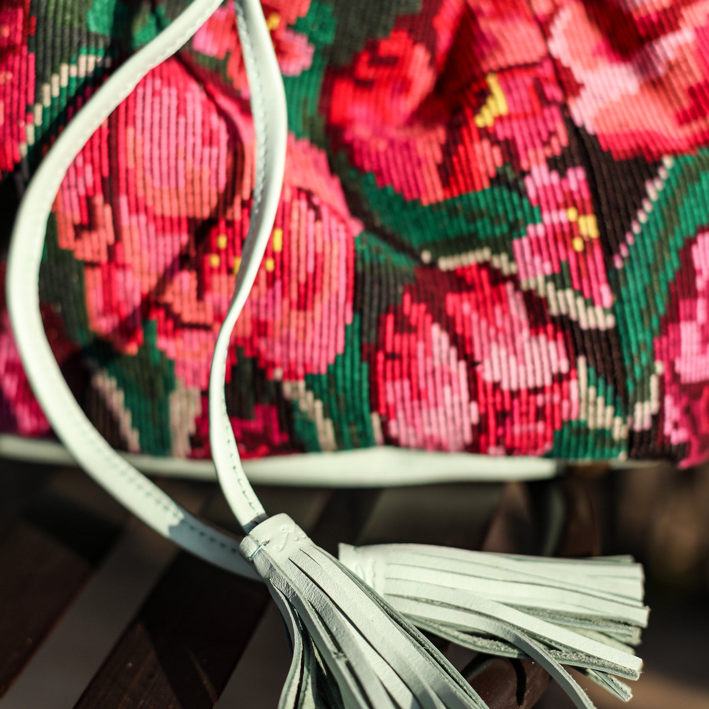 DRAWSTRING BUCKET BAG - OOAK HUIPIL - LUCITE - NO. 19075