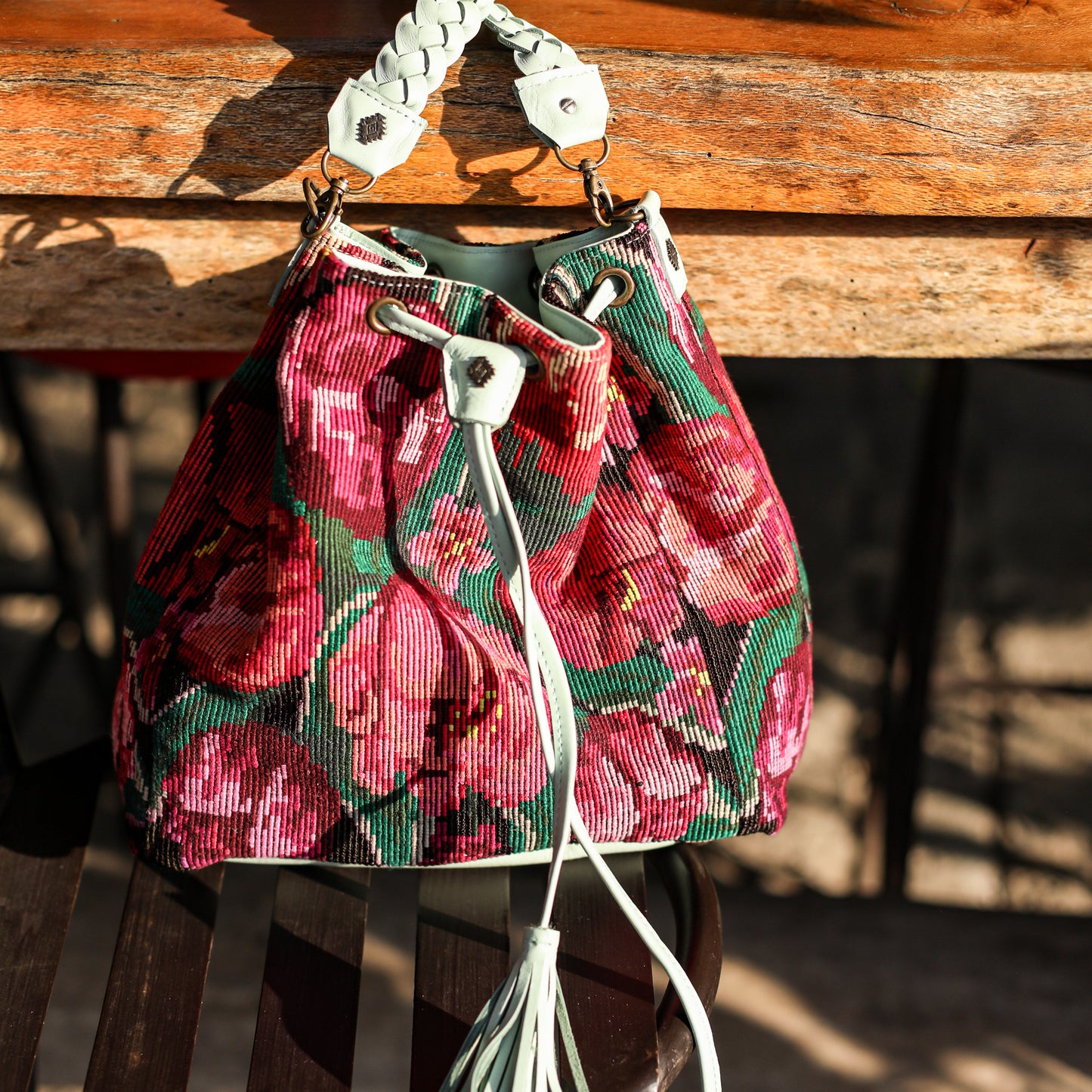 DRAWSTRING BUCKET BAG - OOAK HUIPIL - LUCITE - NO. 19075