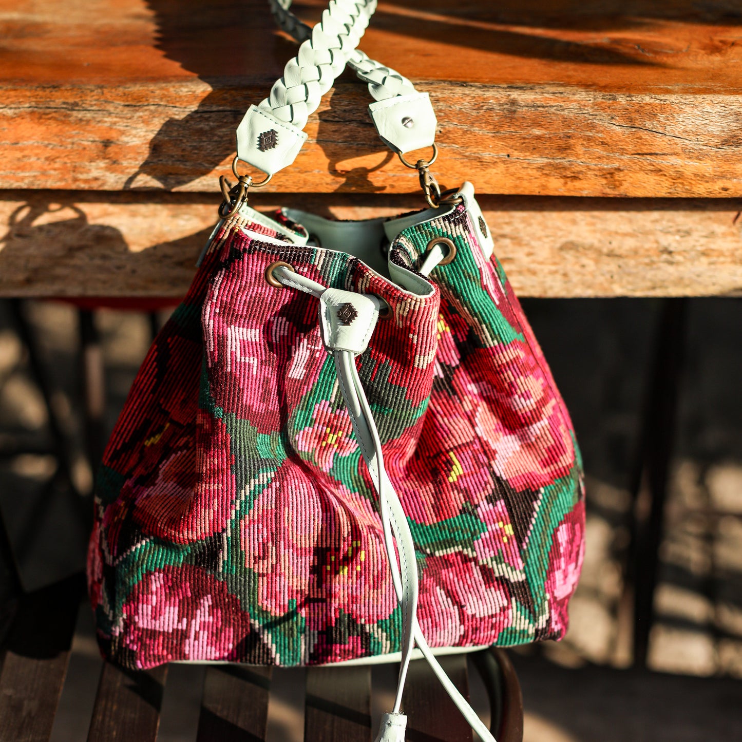 DRAWSTRING BUCKET BAG - OOAK HUIPIL - LUCITE - NO. 19075