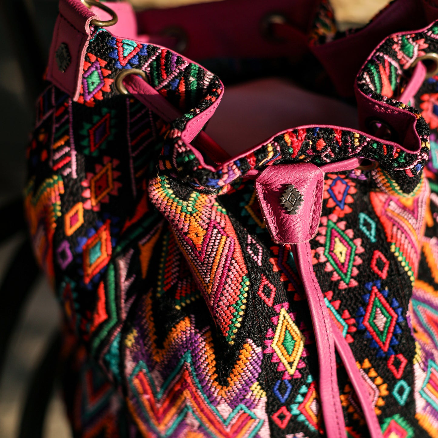 DRAWSTRING BUCKET BAG - OOAK HUIPIL - BABY RHINO - NO. 19078