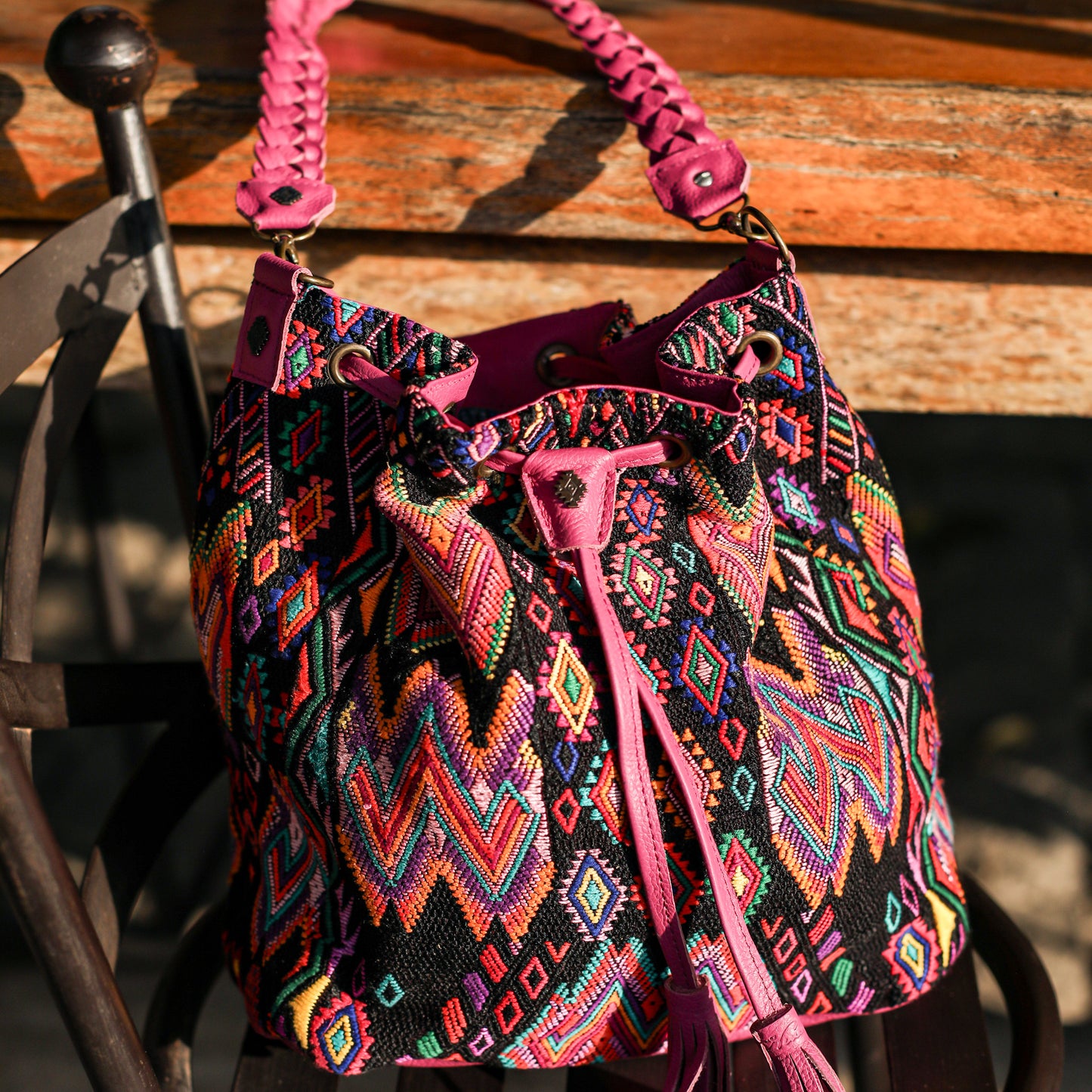 DRAWSTRING BUCKET BAG - OOAK HUIPIL - BABY RHINO - NO. 19078