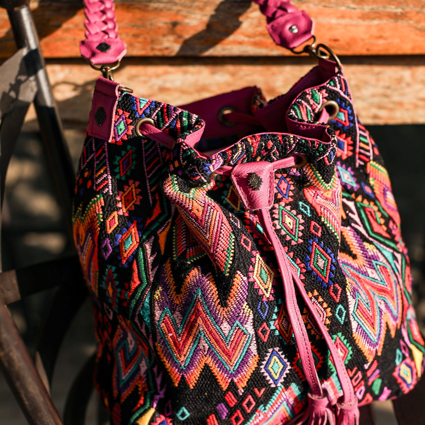 DRAWSTRING BUCKET BAG - OOAK HUIPIL - BABY RHINO - NO. 19078