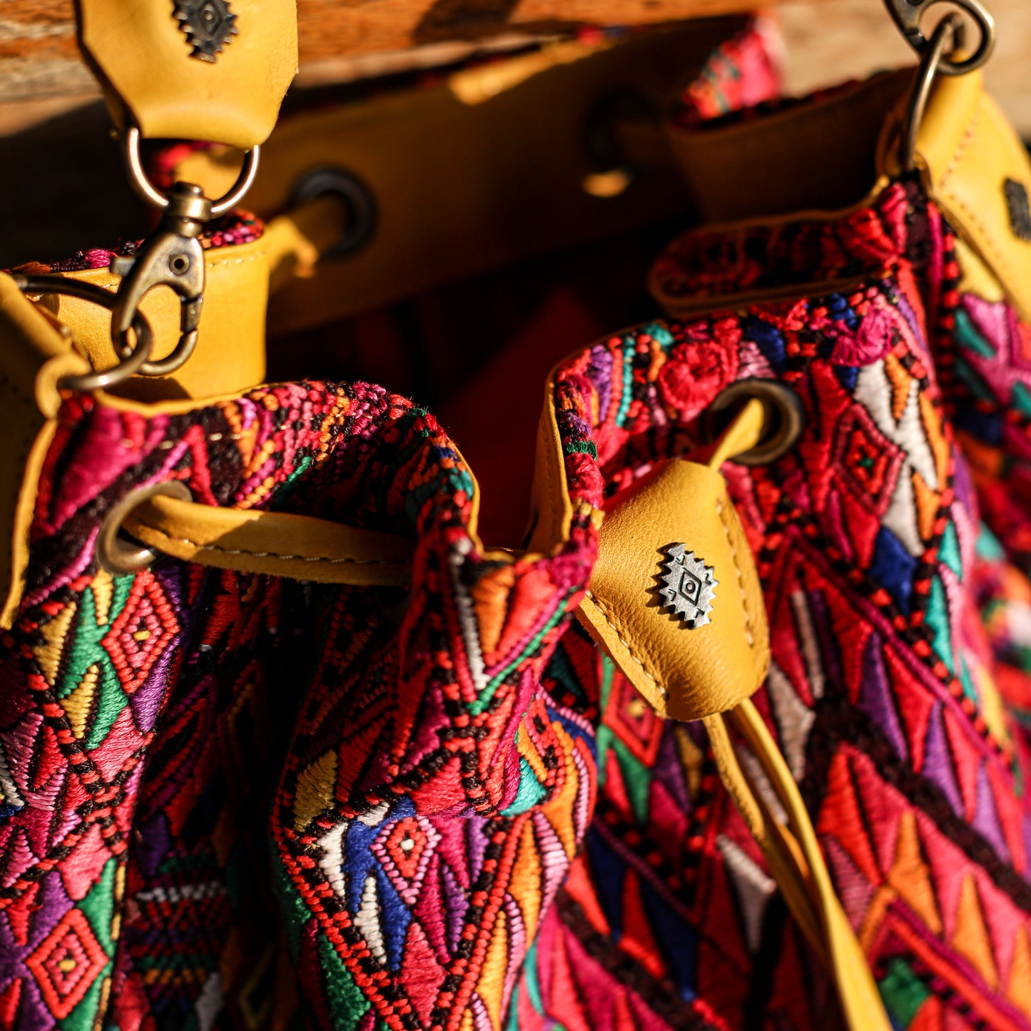 DRAWSTRING BUCKET BAG - OOAK HUIPIL - MUSTARD - NO. 19077